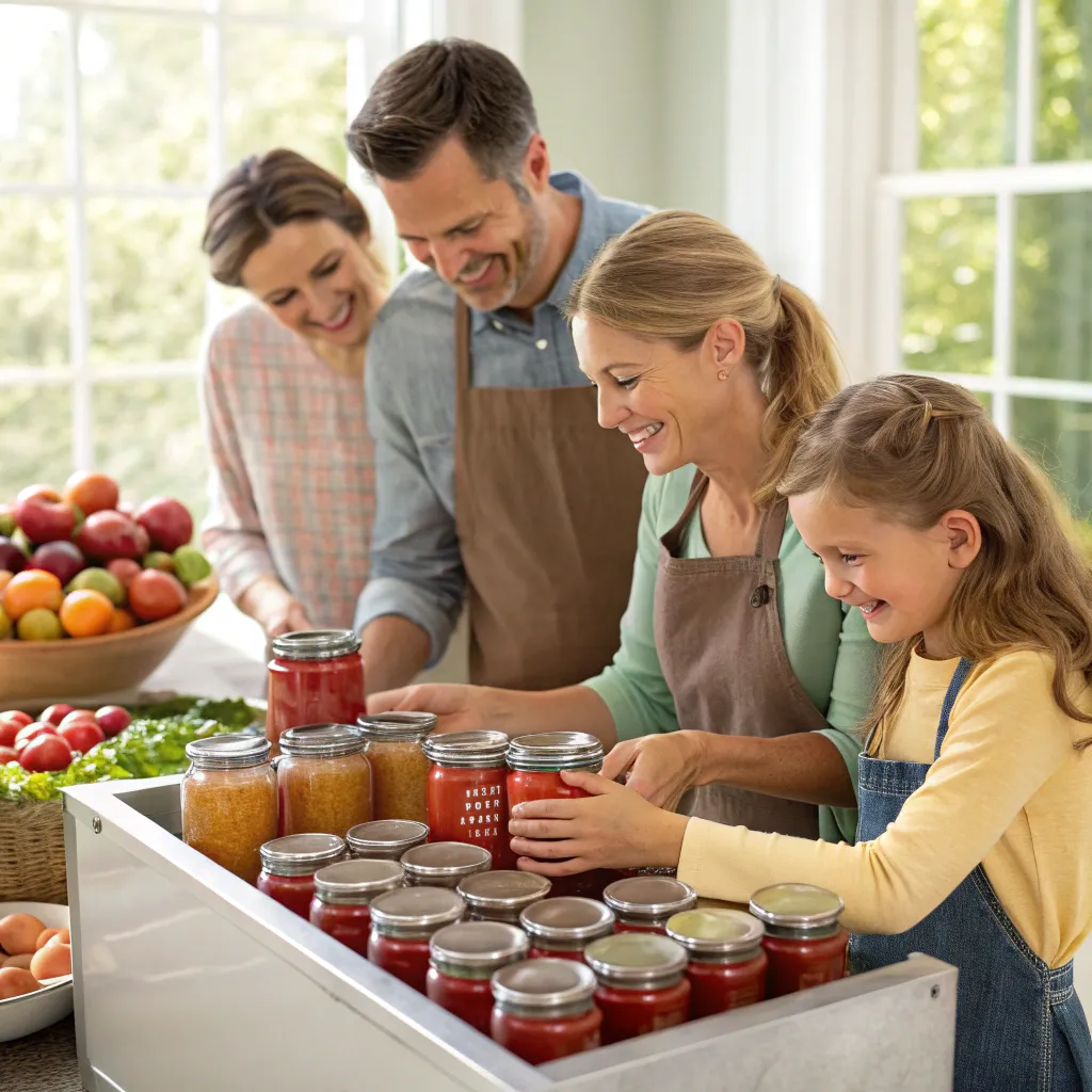 Miller family gathered around canning equipment